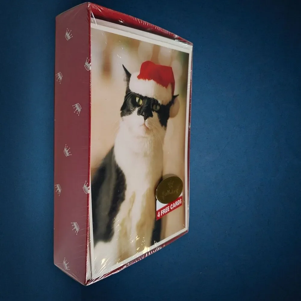 Sealed Vintage Hallmark Black White Cat Santa Claws Merry Christmas Hat 22 Cards